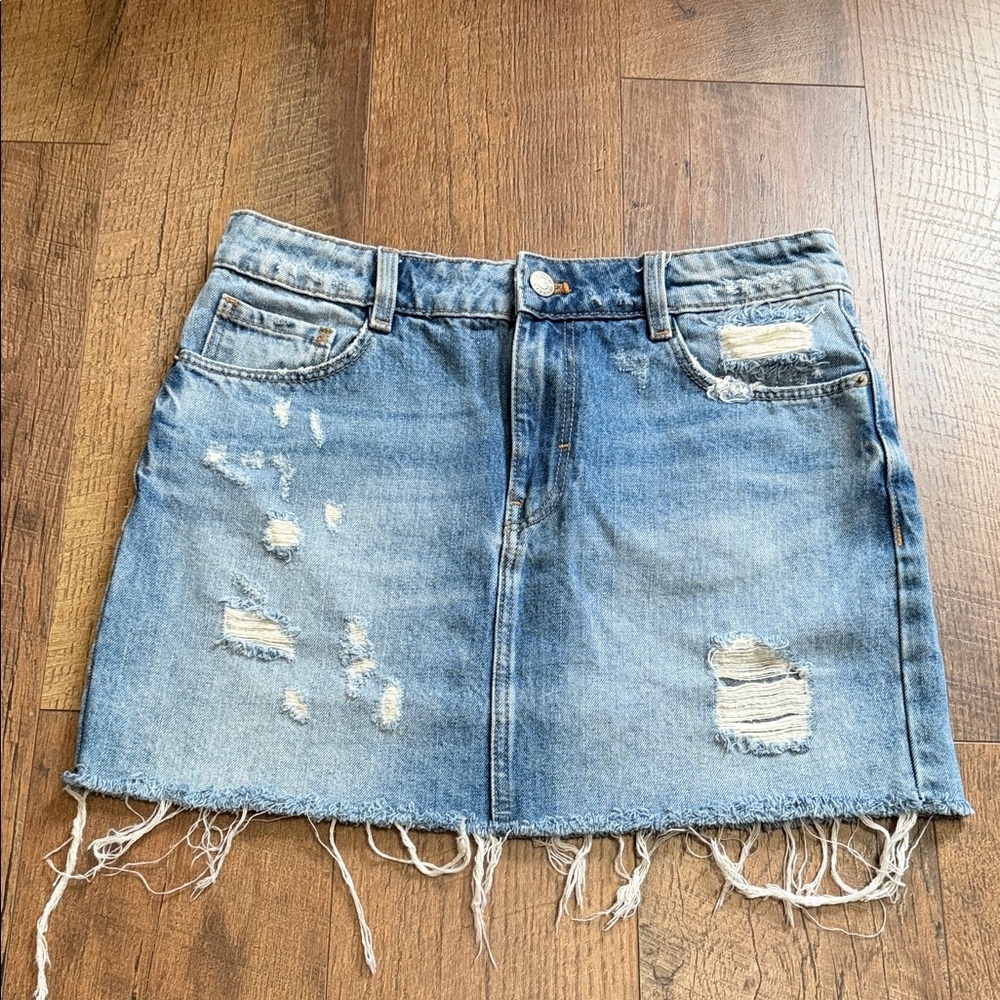 Zara Light Blue Distressed Denim Mini Skirt